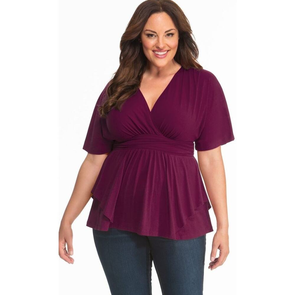 Kiyonna Top Wine Purple 3X Promenade Style Flutter Sleeves Empire Waist Spring